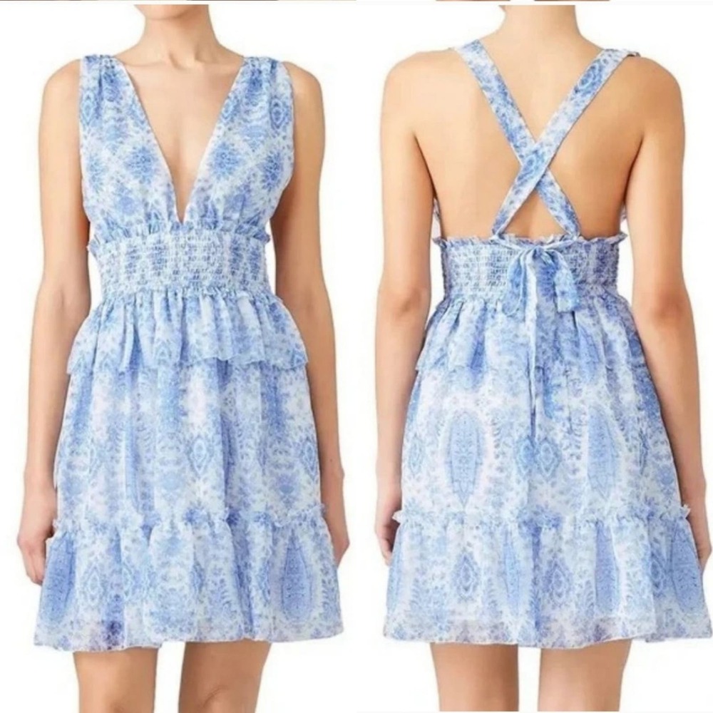 Anthropologie Saylor Blue Holly Dress Halter Criss Cross Back Smocked Large Boho